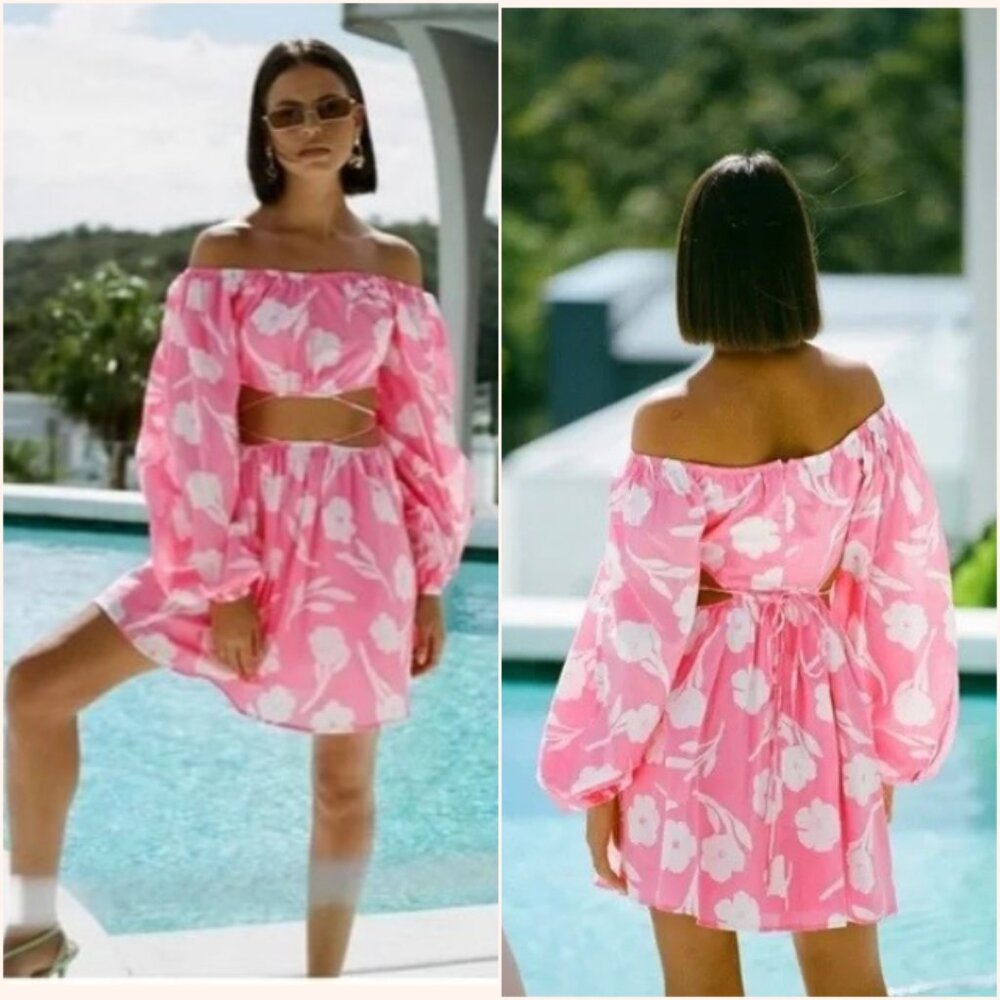 Sabo‎ Avie Cutout Puff Sleeve Dress Pink Floral Print Cotton Large